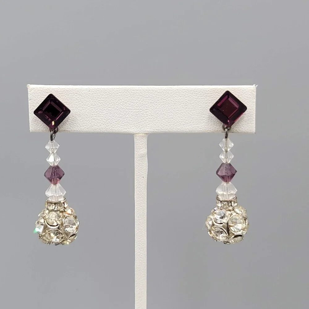 Vintage Purple Rhinestone Pierced Earrings Silver tone Bead Dangle 1.75" - Picture 1 of 9
